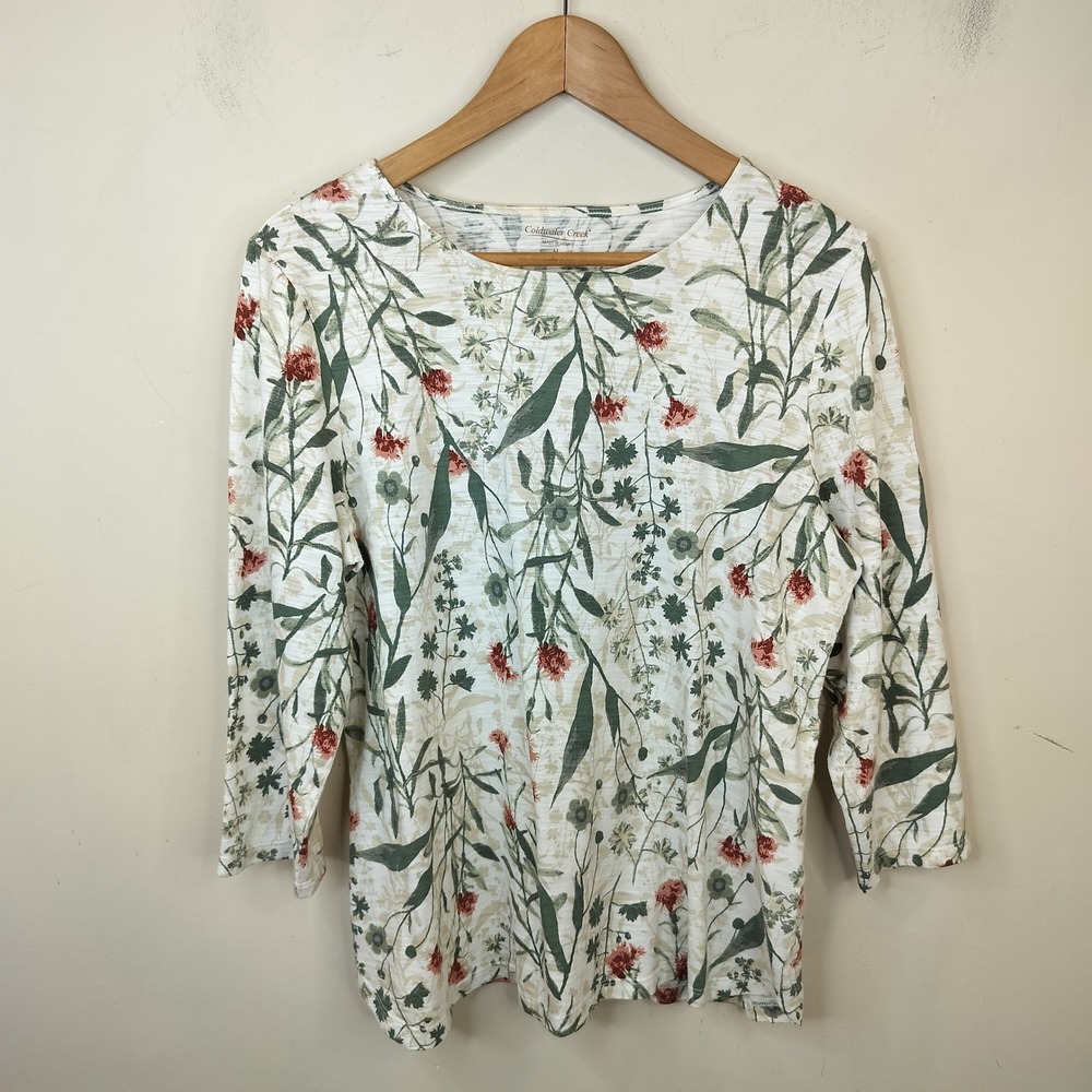 Coldwater Creek Top Medium Floral 3/4 Sleeve Slub Knit Cottagecore